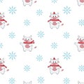 Bull and snowflakes pattern, Christmas card, friendly Taurus in a red scarf and Santa hat, fabric drawing of a cartoon Royalty Free Stock Photo