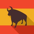 Bull on spanish flag background. Flat style vector illustration. Royalty Free Stock Photo