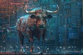 Bull standing in front of electronic circuit board, suitable for technology concepts Royalty Free Stock Photo