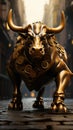 Bull statue stands proudly on a stone road adorned with scattered coins