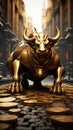 Bull statue stands proudly on a stone road adorned with scattered coins
