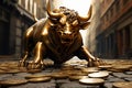Bull statue stands proudly on a stone road adorned with scattered coins