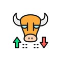 Bull, stock market, finance trade flat color line icon.