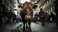 Bull on the Street During Urban Protest, A lone bull stands defiantly in the middle of an urban street surrounded by protesters in