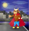 Bull superhero on Roof: Superhero watching over the city Royalty Free Stock Photo
