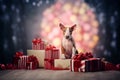 Bull Terrier puppy sits on the Christmas striped presents, pastel colors