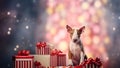 Bull Terrier puppy sits next to Christmas striped presents, dotted background
