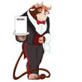 Bull in tuxedo of waiter holding a tray with menu inviting to restaurant