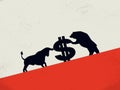 Bull vs bear market vector concept with dollar sign as symbol of stock exchange. Economic, investment fight. Royalty Free Stock Photo