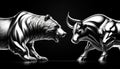 Bull vs bear, symbols of stock market trends, fierce market battle in black and white Royalty Free Stock Photo