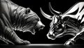 Bull vs bear, symbols of stock market trends, fierce market battle in black and white Royalty Free Stock Photo