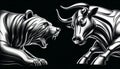 Bull vs bear, symbols of stock market trends, fierce market battle in black and white Royalty Free Stock Photo