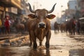 a bull is walking through a city street with people and buildings in the background