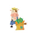 Bull wearing a straw hat and blue bib overall holding a bag with harvest.