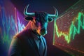 Bull wearing suit working with graph on screen, Bullish in Stock market and Crypto currency. Created Generative Ai