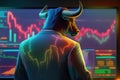 Bull wearing suit working with graph on screen, Bullish in Stock market and Crypto currency. Created Generative Ai