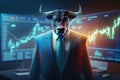 Bull wearing suit working with graph on screen, Bullish in Stock market and Crypto currency. Created Generative Ai