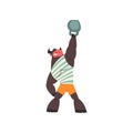 Bull weightlifter lifting kettlebell, funny sportive wild animal character doing sports vector Illustration on a white