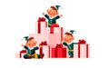 Beautiful holiday illustration with three santa elves at big pile of christmas presents decorated with bows and ribbons on white b