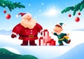 Beautiful Merry Christmas and Happy New year card: funny Santa Claus and Santa elf with pile of holiday presents Royalty Free Stock Photo