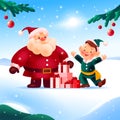 Beautiful Merry Christmas and Happy New year card: funny Santa Claus and Santa elf with pile of holiday presents and decorated fir Royalty Free Stock Photo