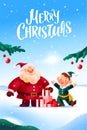 Beautiful Merry Christmas and Happy New year card: funny Santa Claus and Santa elf with pile of holiday presents and decorated fir Royalty Free Stock Photo