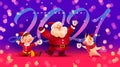 Happy New year illustration with 2021 numbers, Santa Claus, boy elf in red costume, bull mascot cartoon characters celebrating on