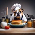 A bulldog as a chef, with a chefs hat and a tiny spatula flipping pancakes2