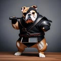 A Bulldog as a ninja warrior, wearing black attire and holding tiny weapons5