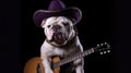 Bulldog Dog Wearing A Cowboy Hat And Boots With A Guitar Slung Over His Shoulder On Purple Background. Generative AI