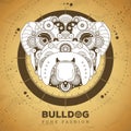 Bulldog face silhouette with gears on old paper texture background. Punk style.