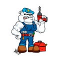 Bulldog Handyman with drill in hand and tools. Cartoon character funny. Royalty Free Stock Photo