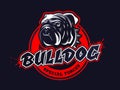 Bulldog head logo, emblem on dark background.