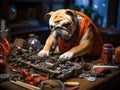 Bulldog mechanic fixing toy car