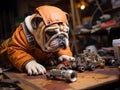 Bulldog mechanic fixing toy car