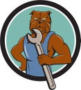 Bulldog Mechanic Holding Wrench Circle Cartoon
