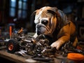 Bulldog mechanic repairs toy car camera