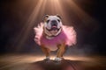 A bulldog with a pink tutu on a floor dancing