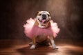 A bulldog with a pink tutu on a floor dancing