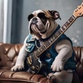 A bulldog in a rockstar outfit, with a leather jacket and an electric guitar4 Royalty Free Stock Photo