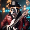 A bulldog in a rockstar outfit, with a leather jacket and an electric guitar2 Royalty Free Stock Photo