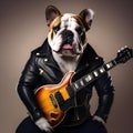 A bulldog in a rockstar outfit, with a leather jacket and an electric guitar5 Royalty Free Stock Photo