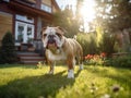 a bulldog standing in the house backyard