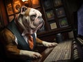 Bulldog in suit checks stocks on computer