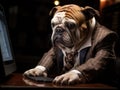 Bulldog in suit checks stocks on computer