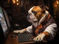 Bulldog in suit checks stocks on computer