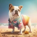 Bulldog summer beach attire outfit. Summer bull dog small breed doggy wearing cute costume