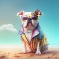 Bulldog in summer costume. Summer bull dog breed sitting in sand wearing stylish beach.