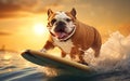 Bulldog Surfer Enjoying A Wave Riding Adventure. Generative AI