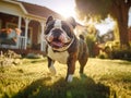 a bulldog walking in the house backyard